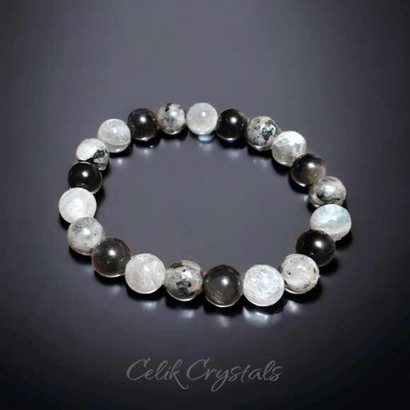 Gray Labradorite Black Labradorite & Silver Obsidian Bracelet 10mm Unisex - Picture 1 of 6